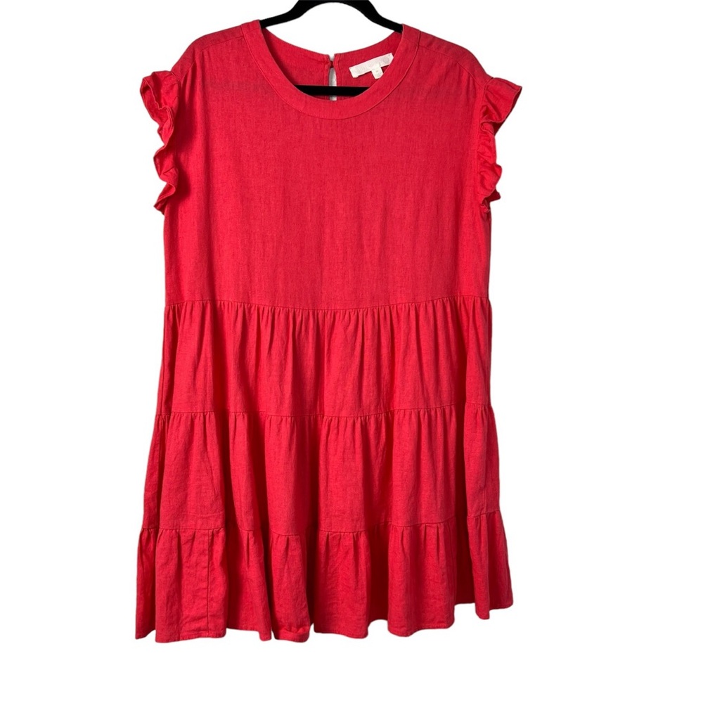 Adyson Parker Linen Blend Short Ruffle Sleeve Tiered Pink Dress Size Medium